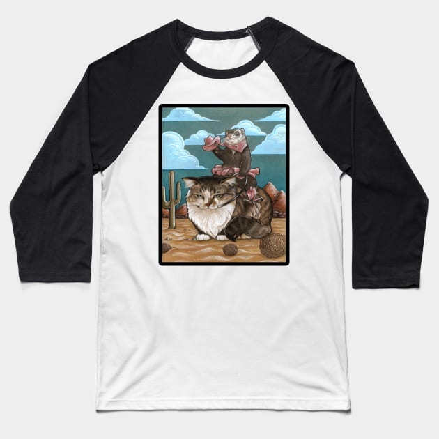 Ferret Cowgirl & Kitty Bronco - Black Outlined Version Baseball T-Shirt by Nat Ewert Art